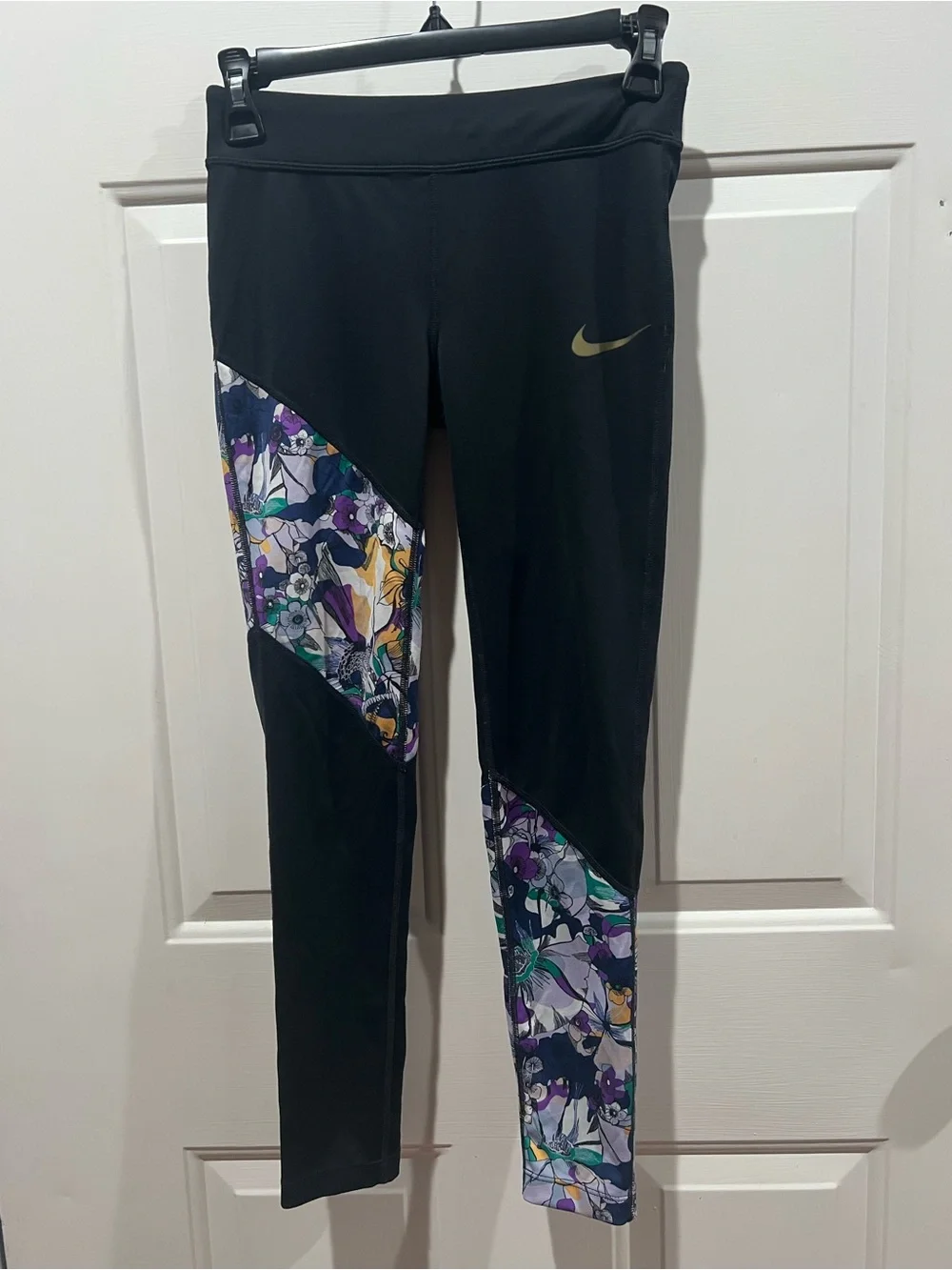 Nike Black Leggings with Purple, Teal & Gold Floral Panels
